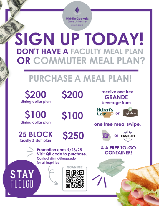 Commuter Meal Plan Options for 2025-2026 Academic Year available for faculty, staff, and commuter students.